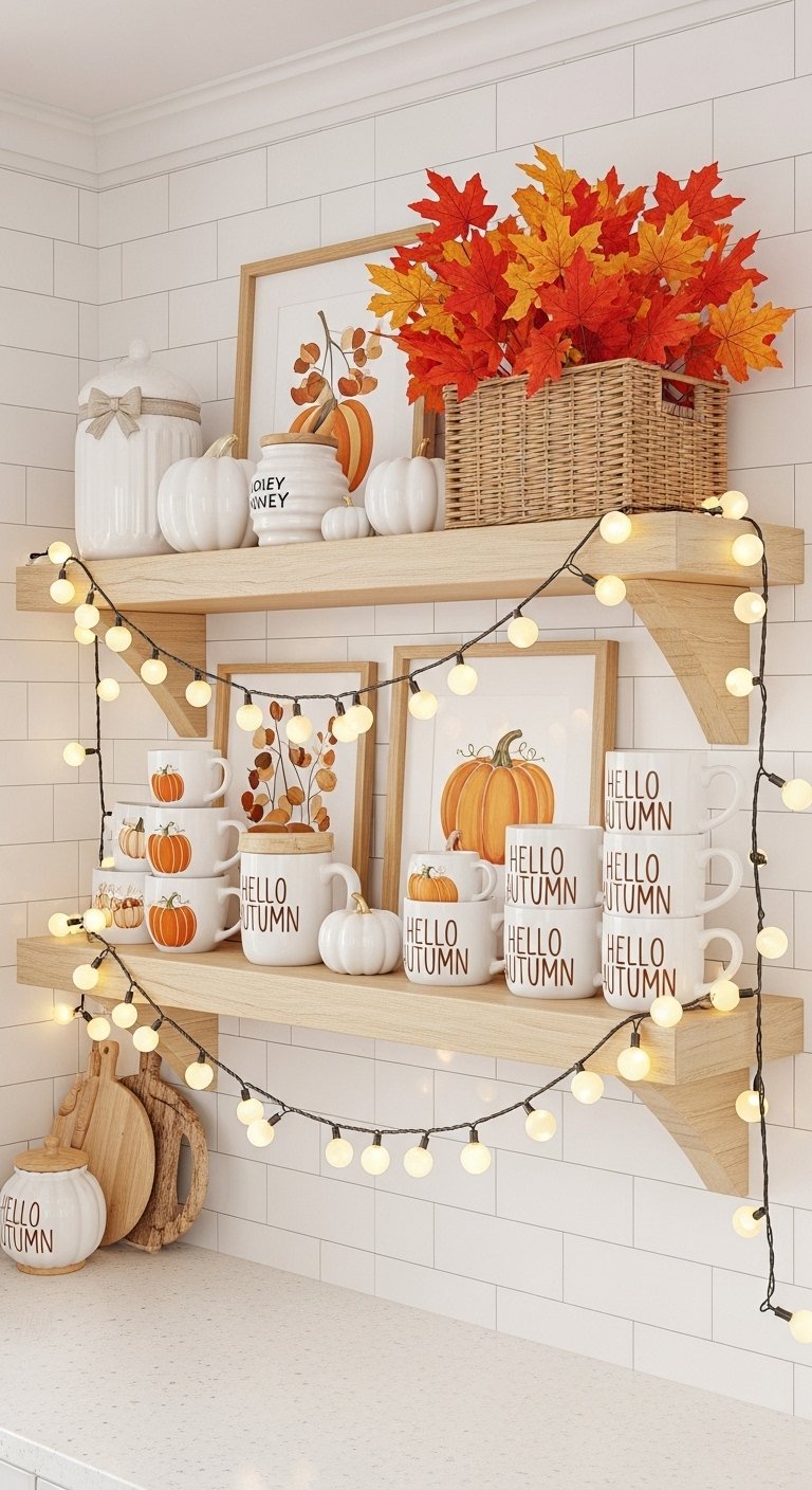 Etageres de cuisine decorees avec des tasses d automne et des guirlandes lumineuses