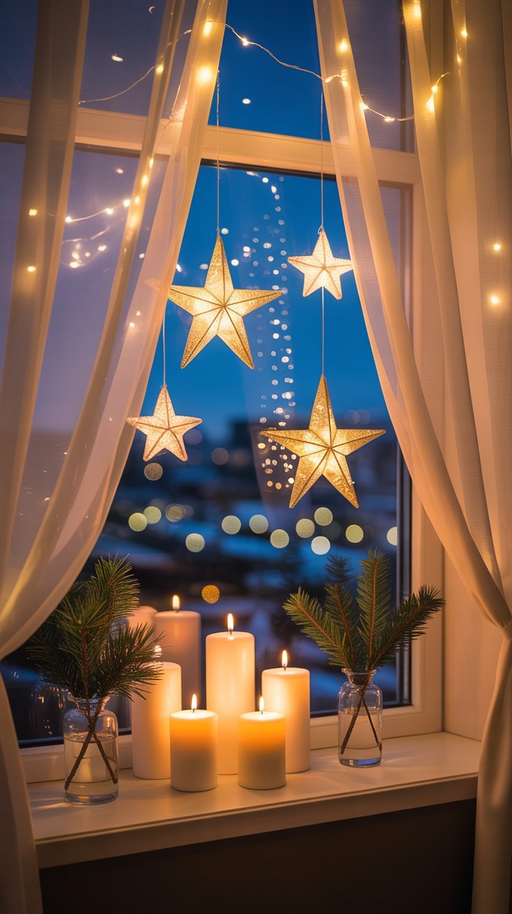 Etoiles lumineuses de differentes tailles devant une fenetre la nuit