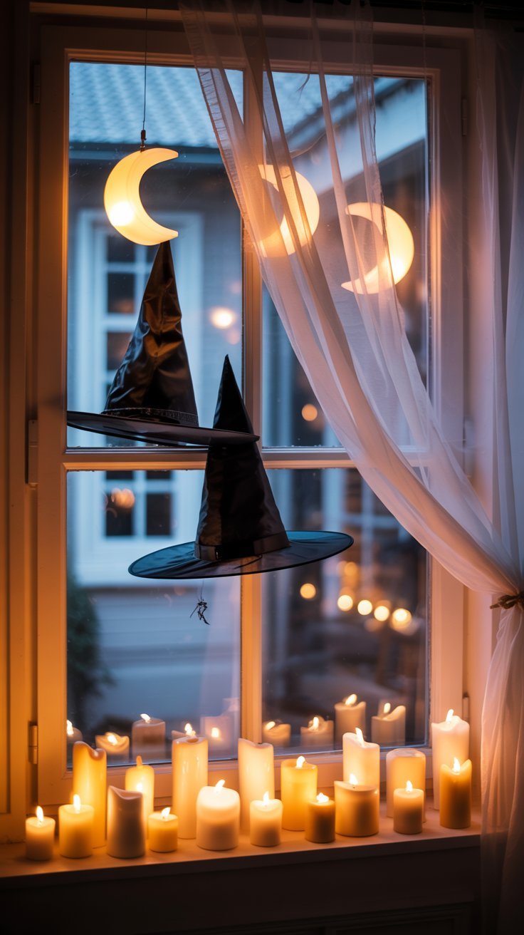 Fenêtre décorée de chapeaux de sorcière suspendus et de bougies pour Halloween