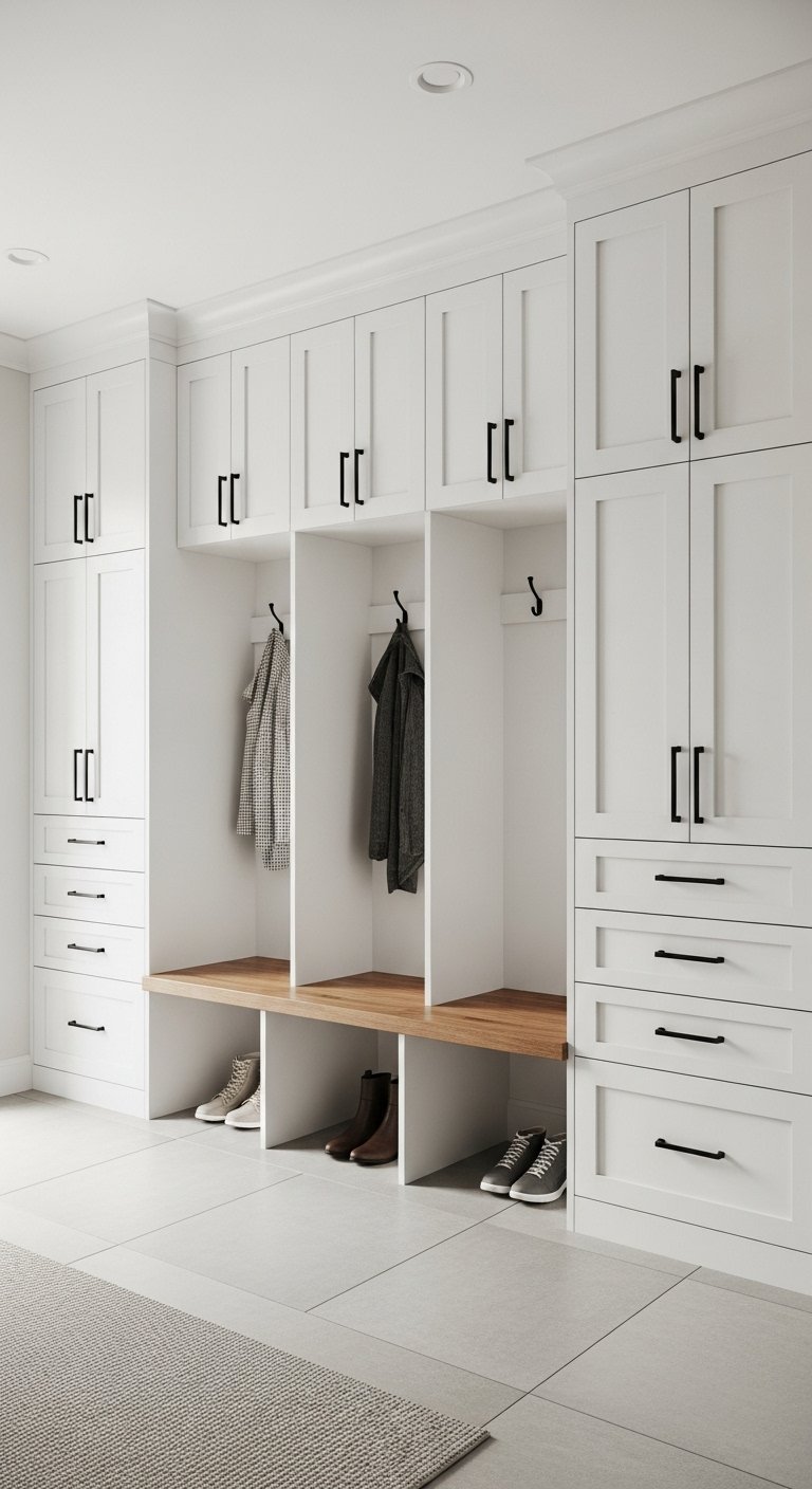 Grand meuble vestiaire blanc avec trois casiers ouverts et poignées noires