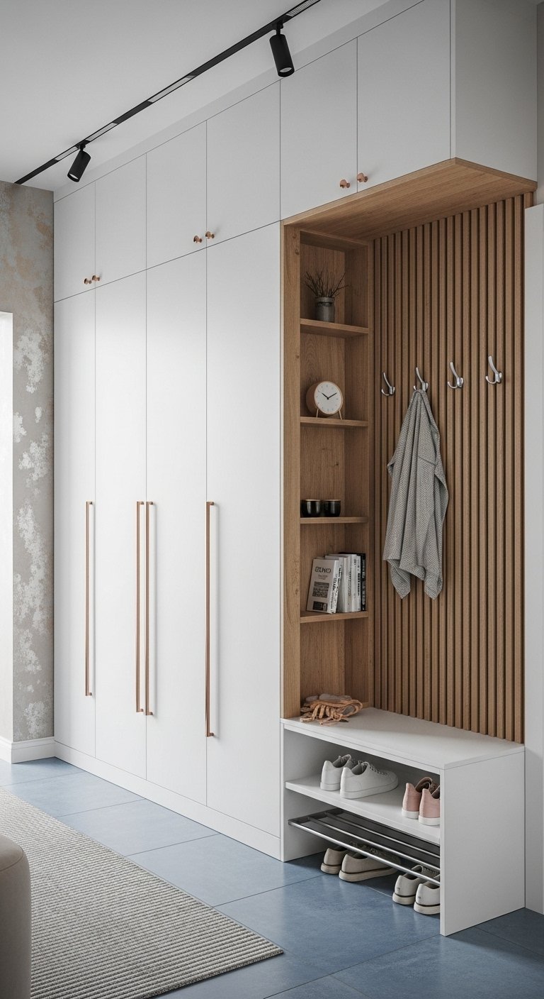 Grand mur de rangement blanc avec coin banquette en bois