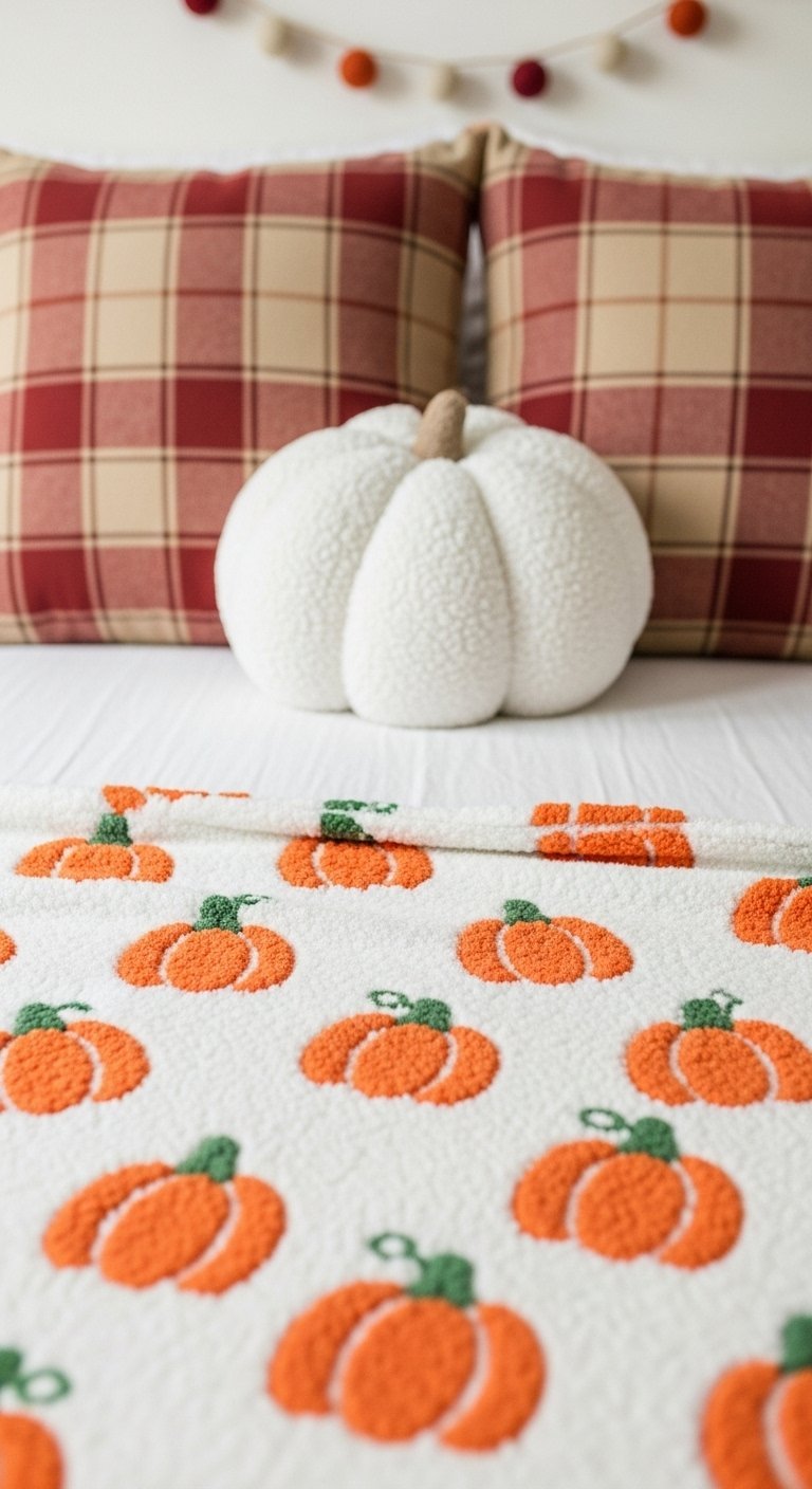 Gros plan sur un coussin en forme de citrouille blanche en tissu boucle