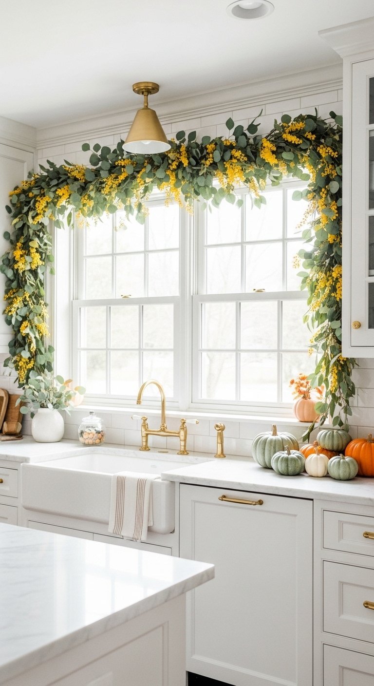 Guirlande d eucalyptus et fleurs jaunes autour d une fenêtre de cuisine blanche
