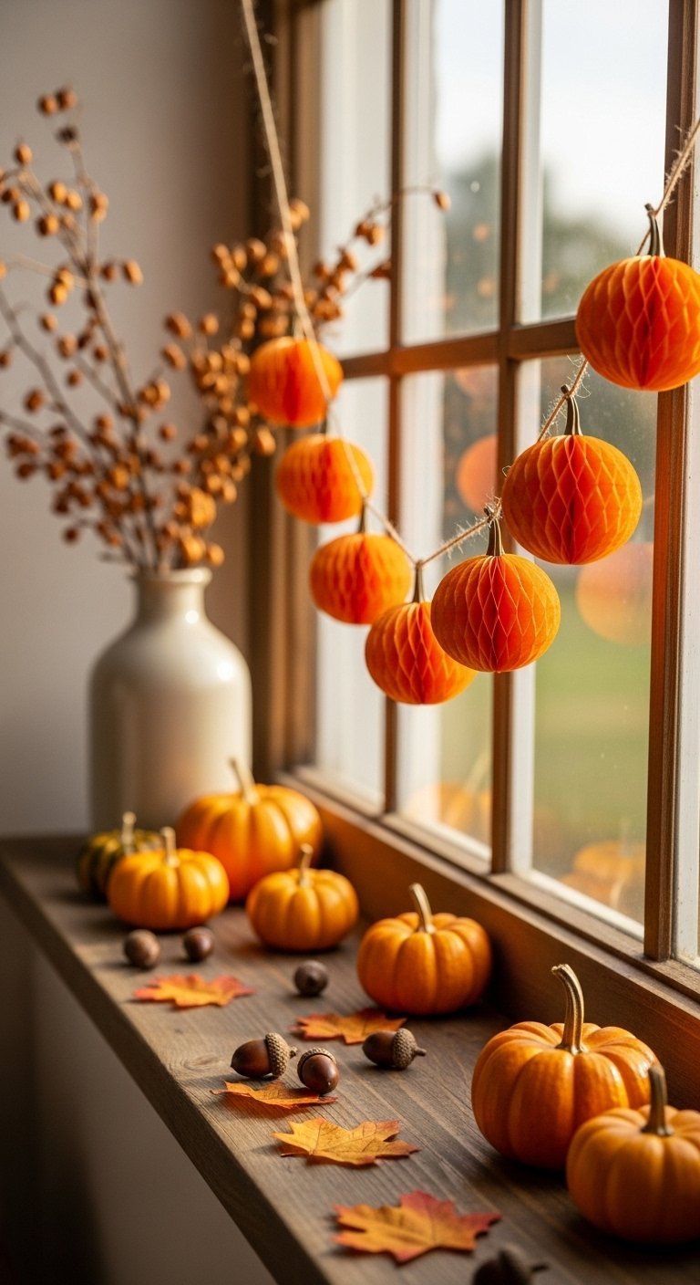 Guirlande de citrouilles en papier suspendue devant une fenêtre décorée pour l automne