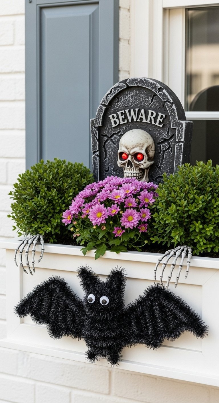 Jardinière de fenêtre décorée avec une pierre tombale et un crâne aux yeux rouges
