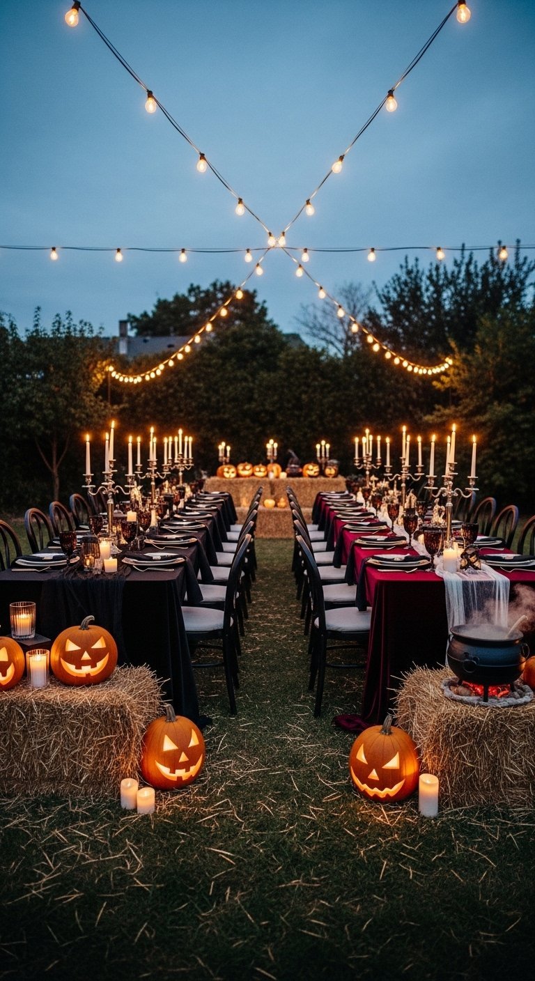 Longues tables de banquet d halloween en plein air avec des bougies et des citrouilles
