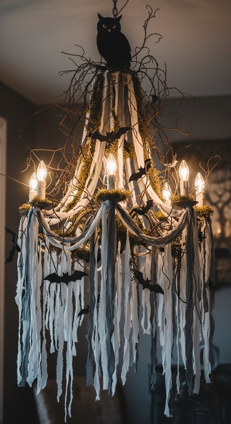 Lustre decore avec des branches et du tissu pour un effet hante