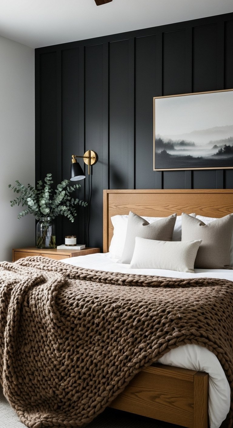 Mur daccent noir avec lit en bois et couverture marron