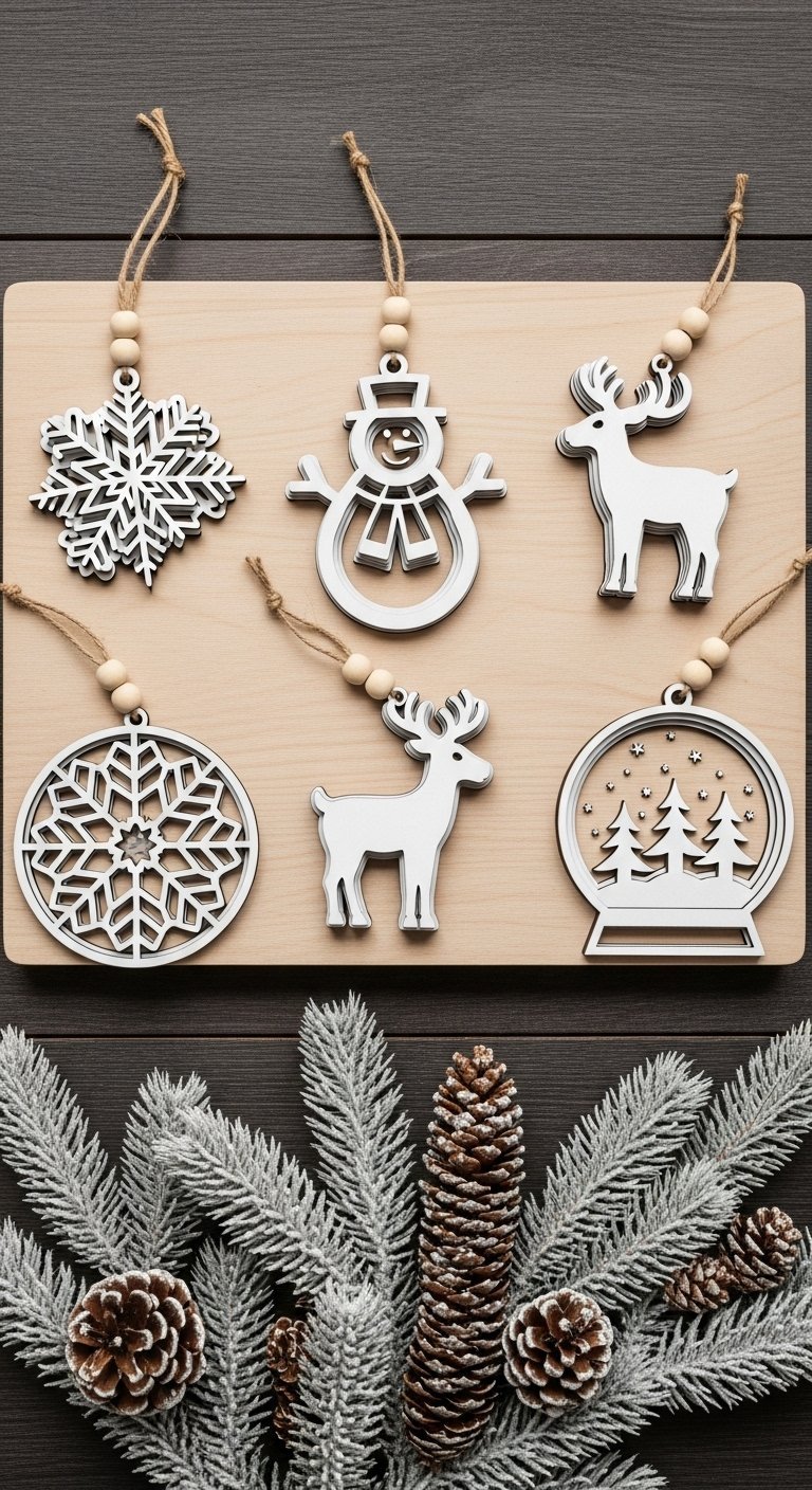 Ornements de noel en bois blanc en forme de renne et de flocon de neige
