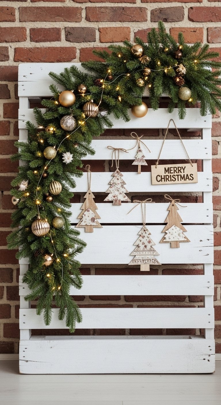 Palette en bois blanche utilisée comme support mural pour une guirlande et des ornements de Noël