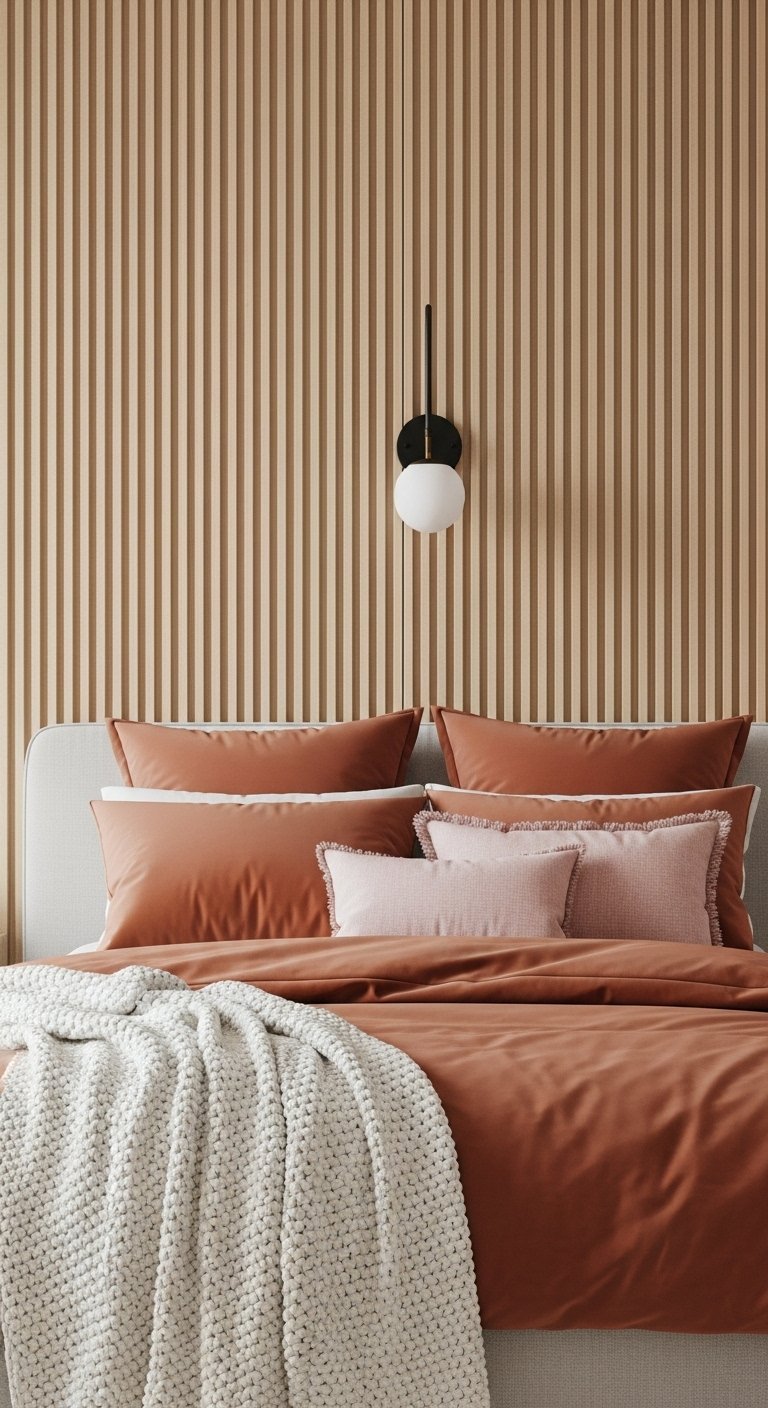 Parure de lit terracotta devant un mur à lattes de bois