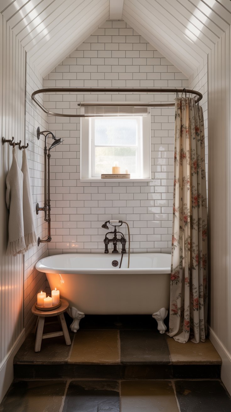 Petite salle de bain style cottage avec baignoire sur pieds et murs lambrissés