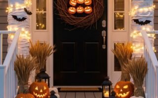 Piliers de porche décorés en momies avec des citrouilles