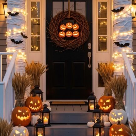 Piliers de porche décorés en momies avec des citrouilles