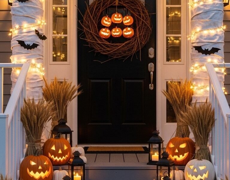 Piliers de porche décorés en momies avec des citrouilles