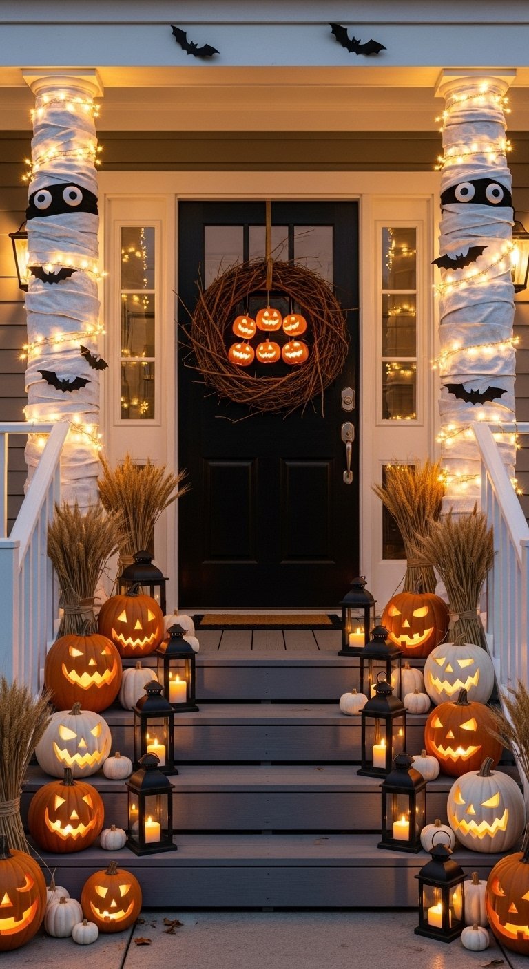 Piliers de porche décorés en momies avec des citrouilles