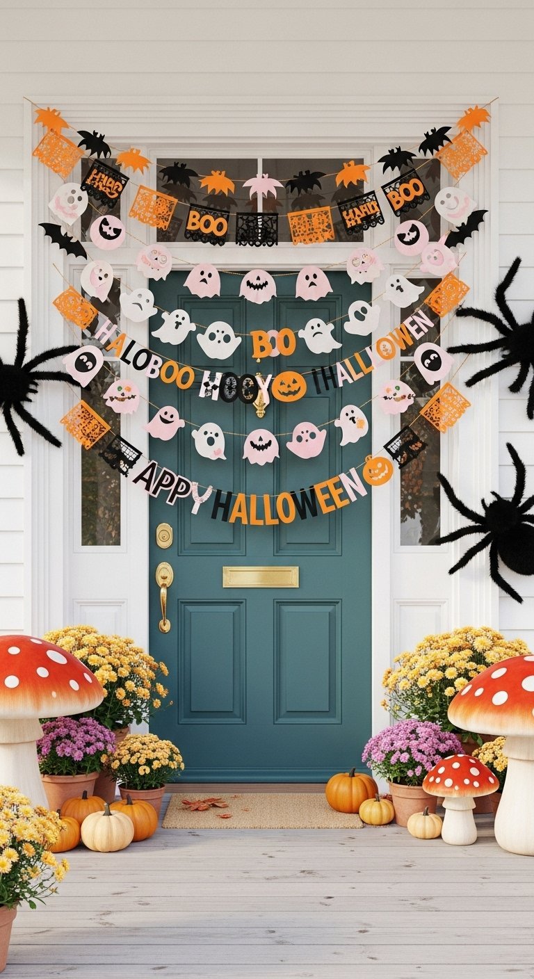 Porte d entrée décorée avec des guirlandes de fantômes et citrouilles pour halloween