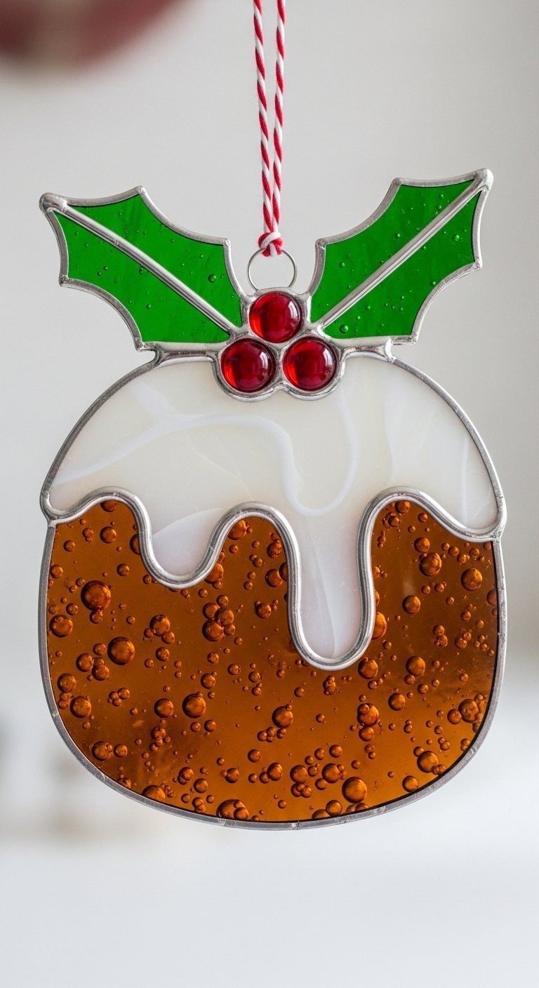 Pudding de Noël en vitrail avec un glaçage blanc et une décoration de houx