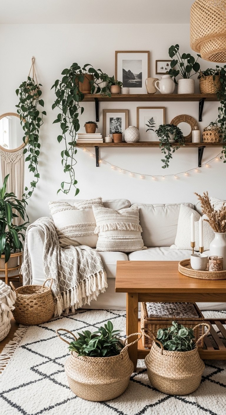 Salon de style bohème avec beaucoup de plantes et étagères en bois