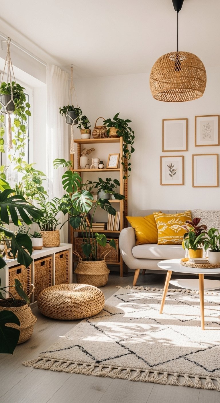 Salon de style jungle urbaine rempli de plantes vertes
