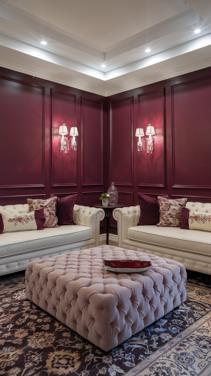 Salon glamour avec murs couleur vin et grand pouf capitonné rose