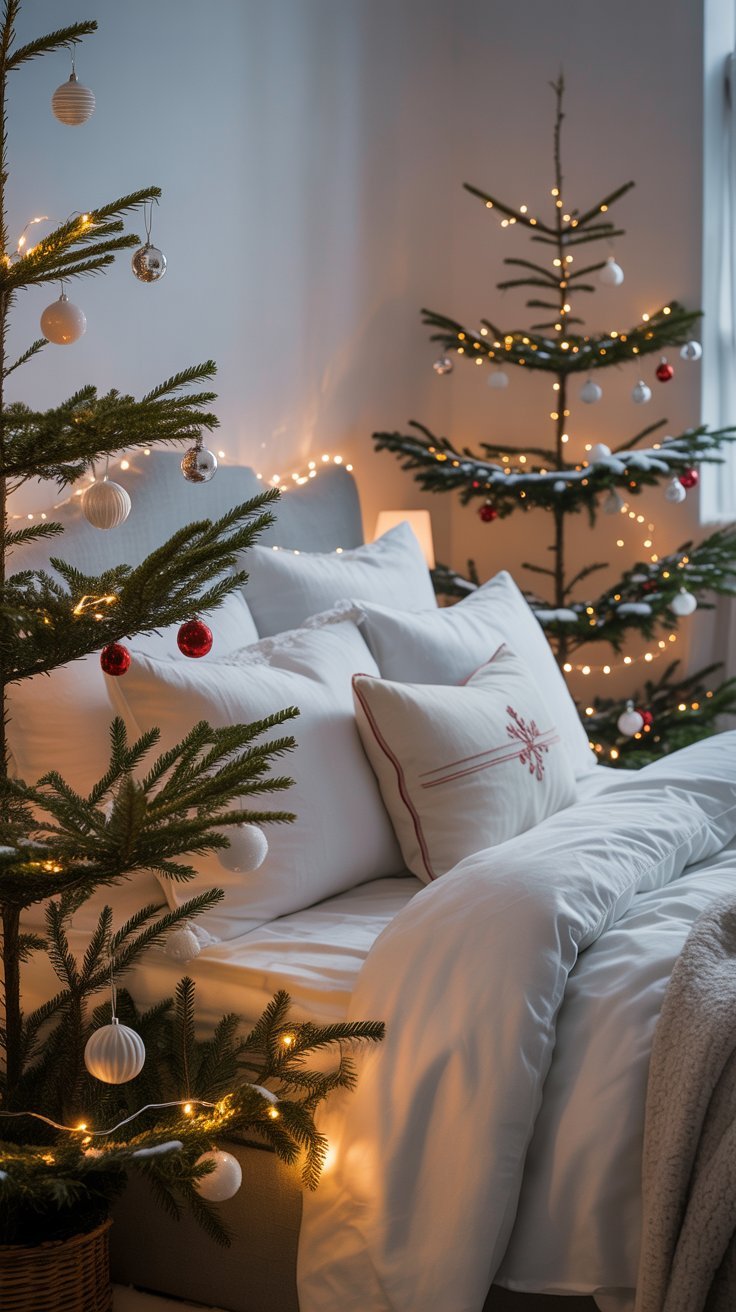 Sapins de Noël naturels dans une chambre à coucher blanche