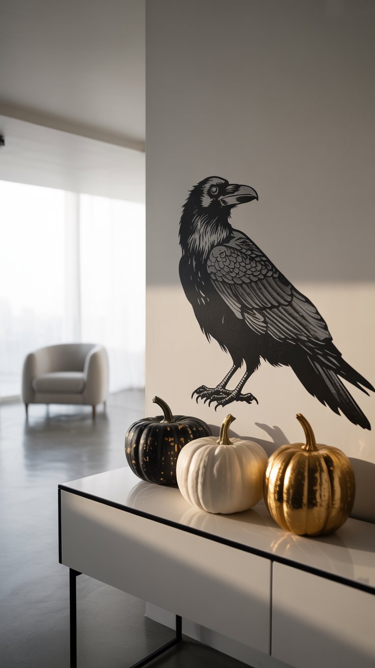 Sticker mural de corbeau avec trois citrouilles decorative noire blanche et doree