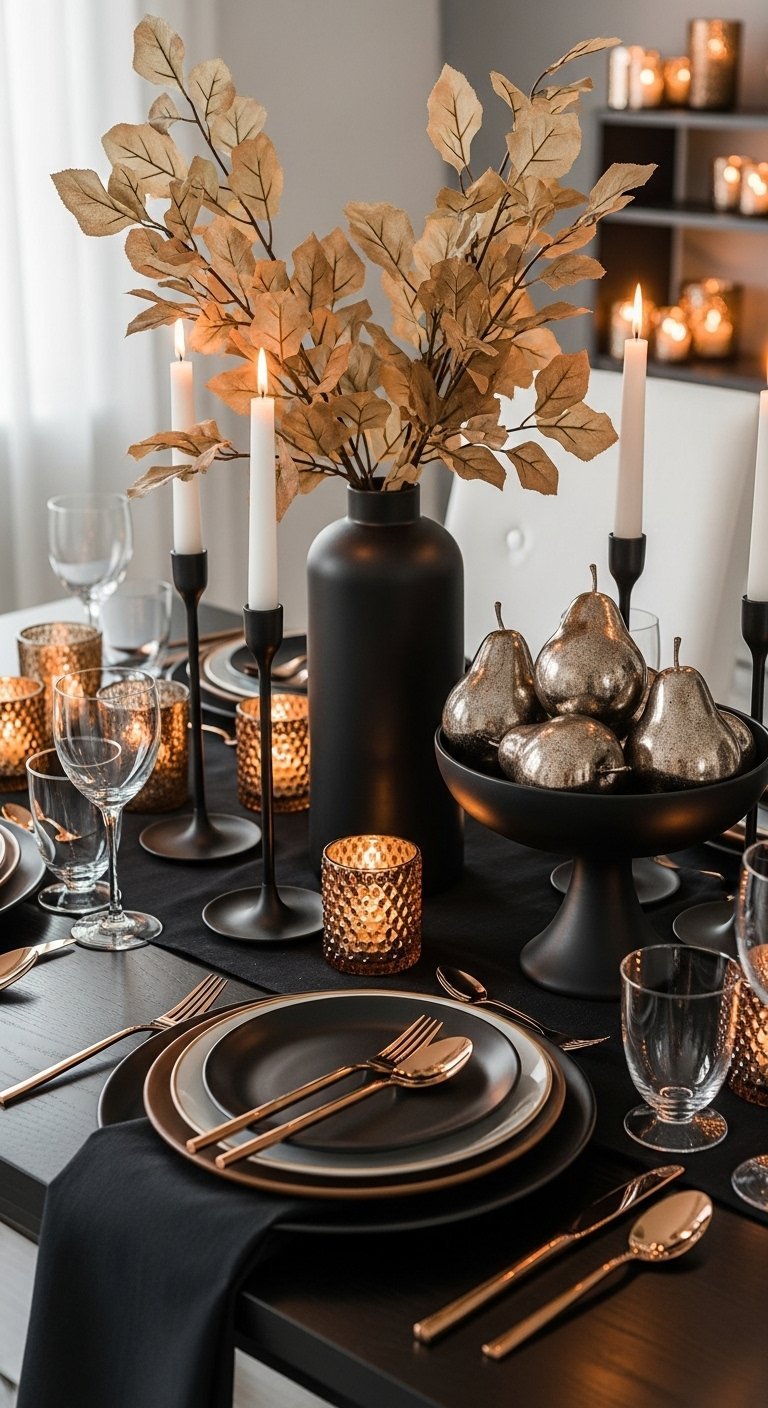 Table de fête élégante en noir et or avec des poires et des feuilles dorées