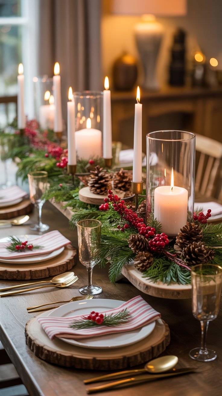 Table de noel style scandinave avec rondins de bois et chemin de table végétal