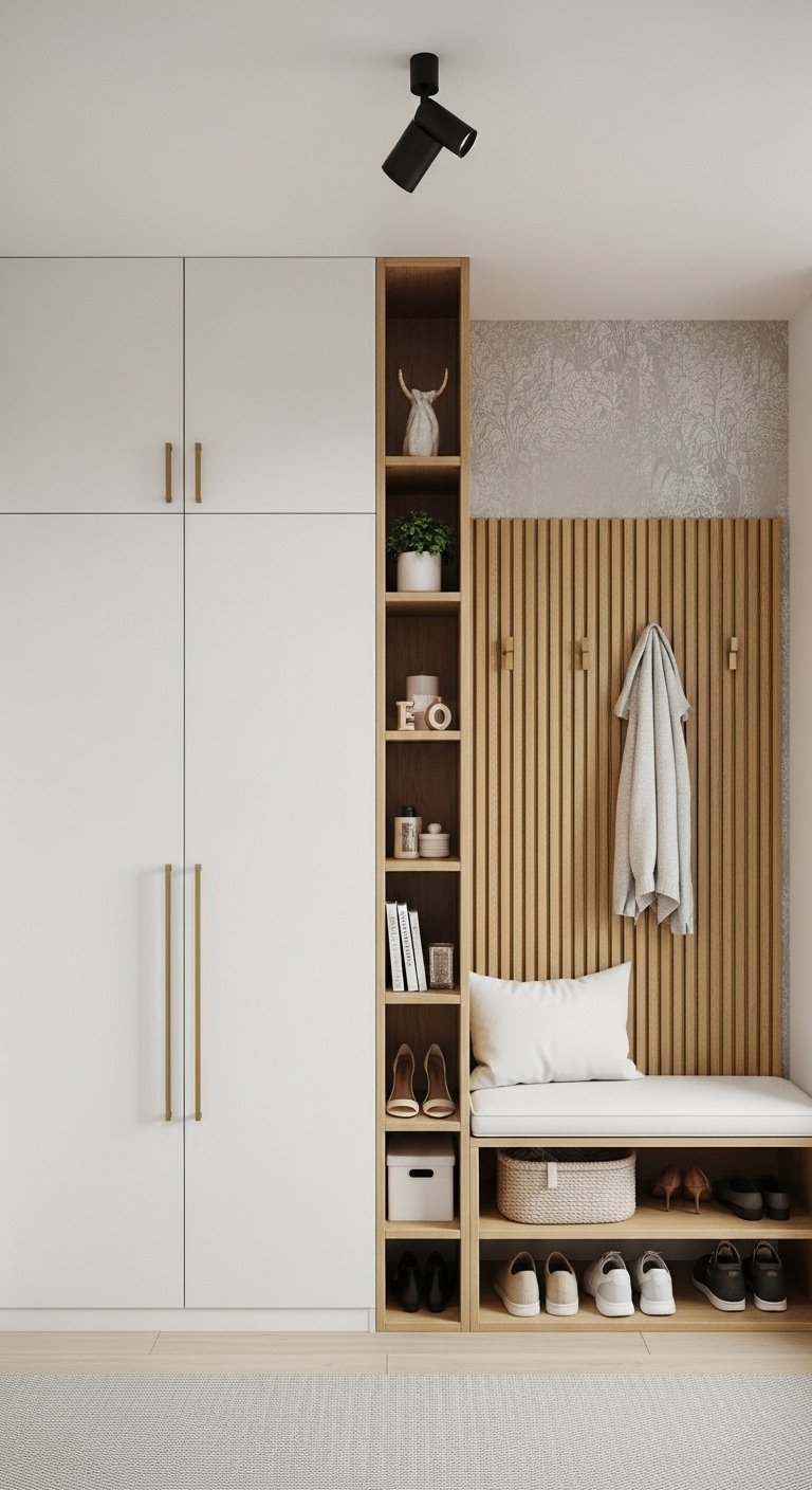 Unite de rangement murale blanche et bois avec banc et etageres ouvertes