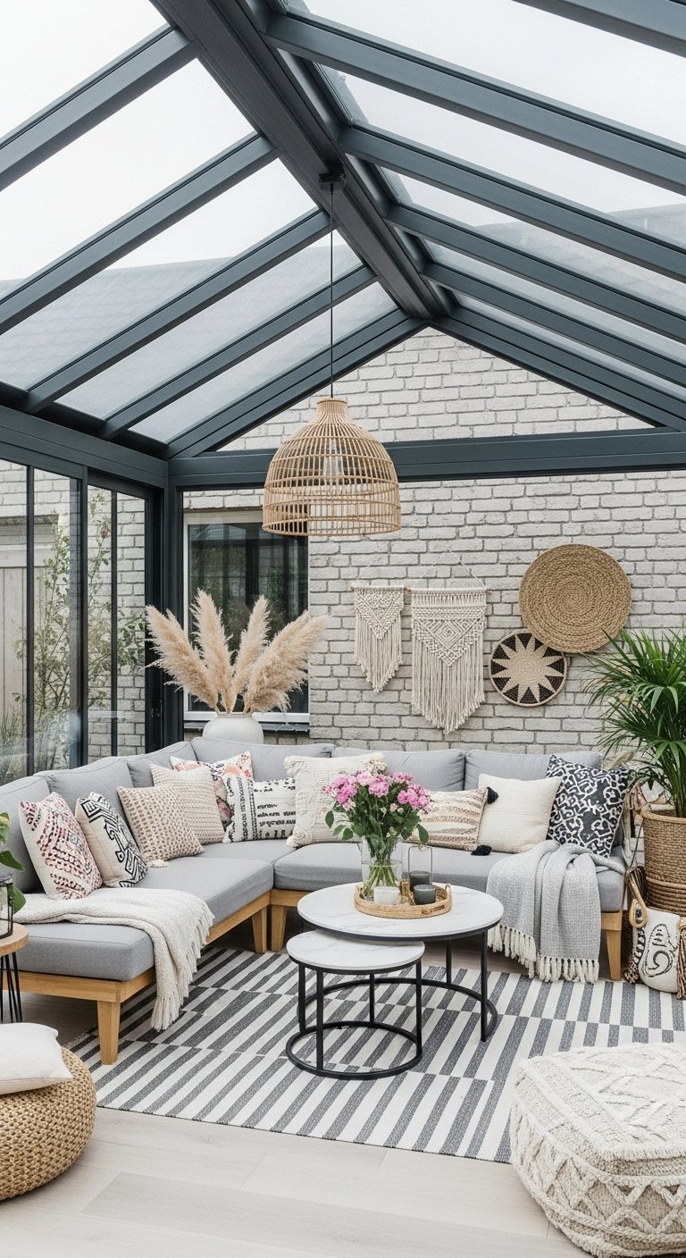 Véranda de style bohème avec canapé gris et décorations en macramé