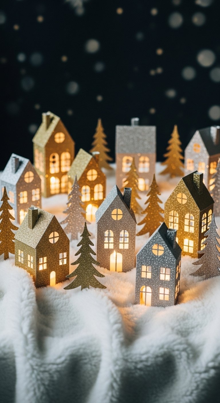 Village de Noël miniature avec des maisons en papier doré et argenté illuminées