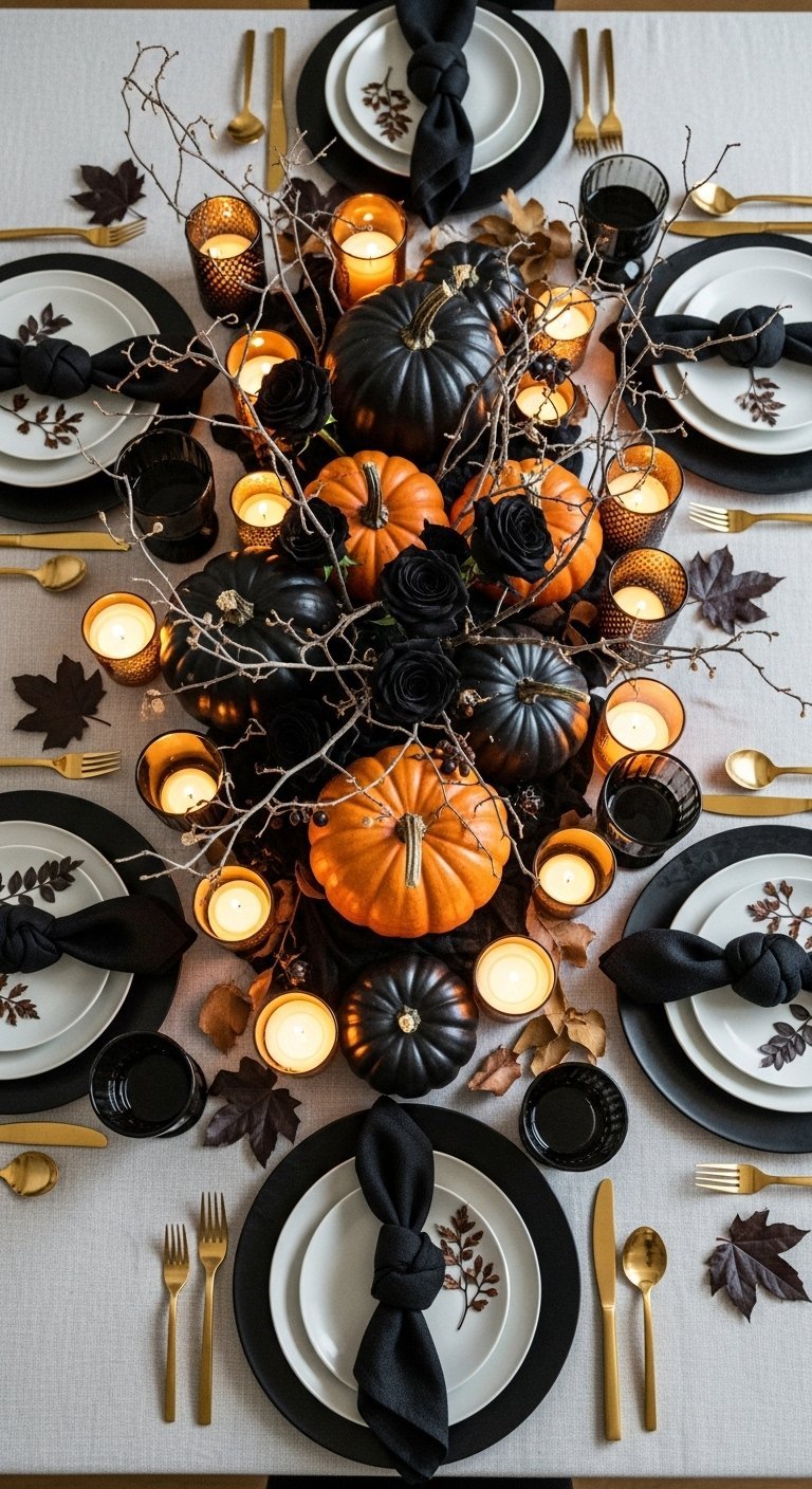Vue de dessus d une table avec citrouilles et roses noires
