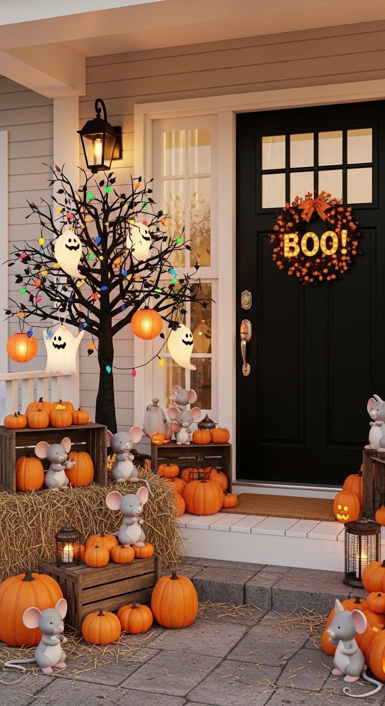 Arbre décoré de fantômes et citrouilles avec une couronne lumineuse BOO