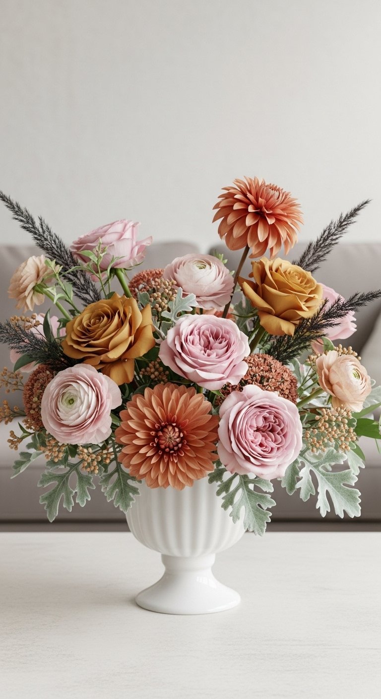 Bouquet de fleurs automnales dans des tons pastel de rose et ocre dans un vase blanc