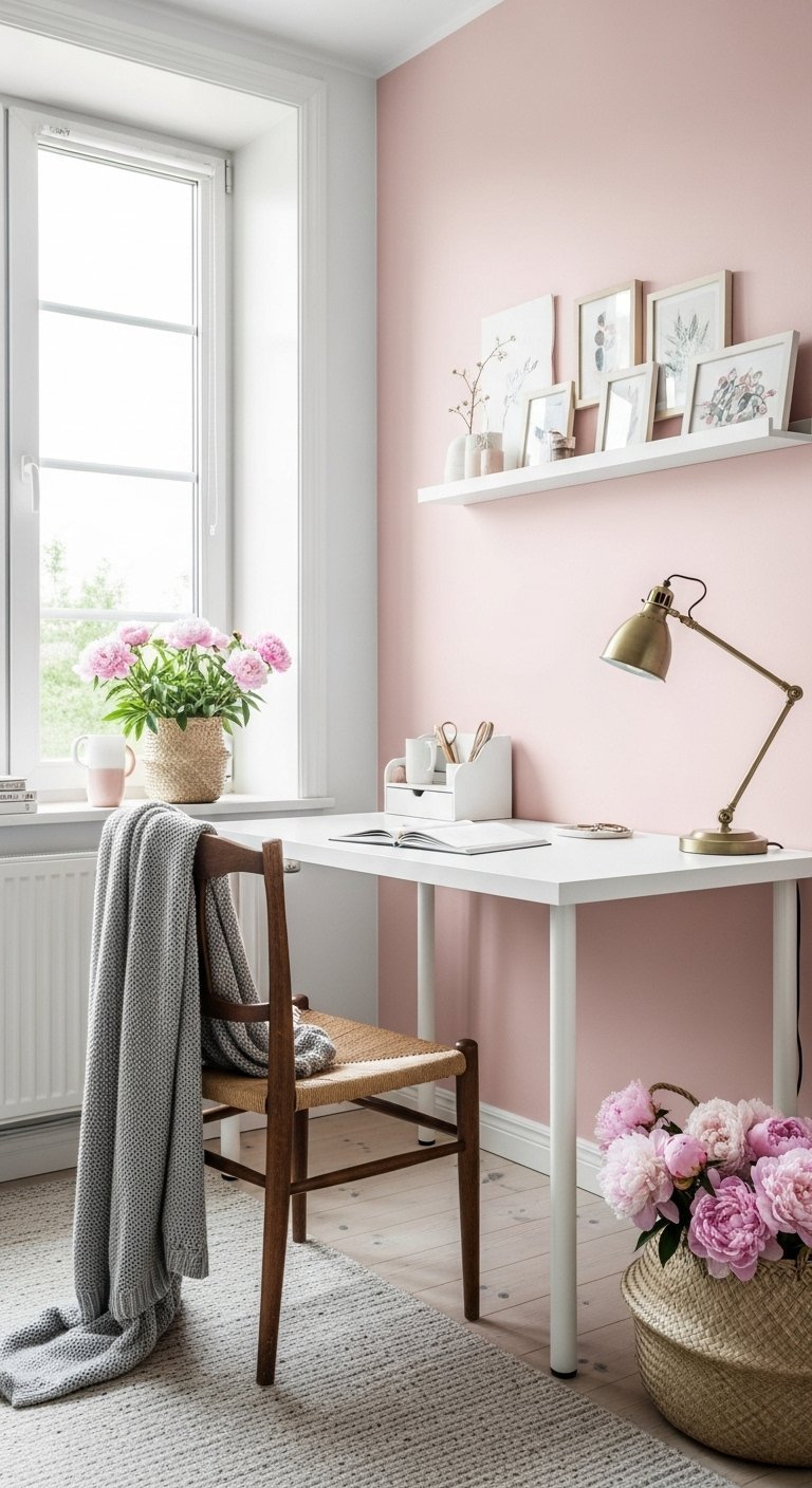 Bureau blanc près d une fenêtre avec mur rose et fleurs