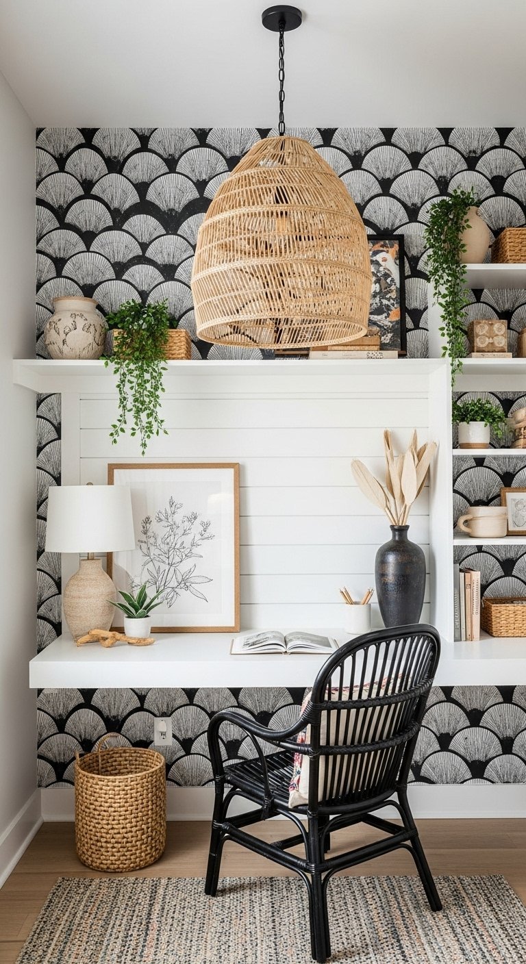 Bureau de style bohème avec papier peint graphique et une suspension en rotin