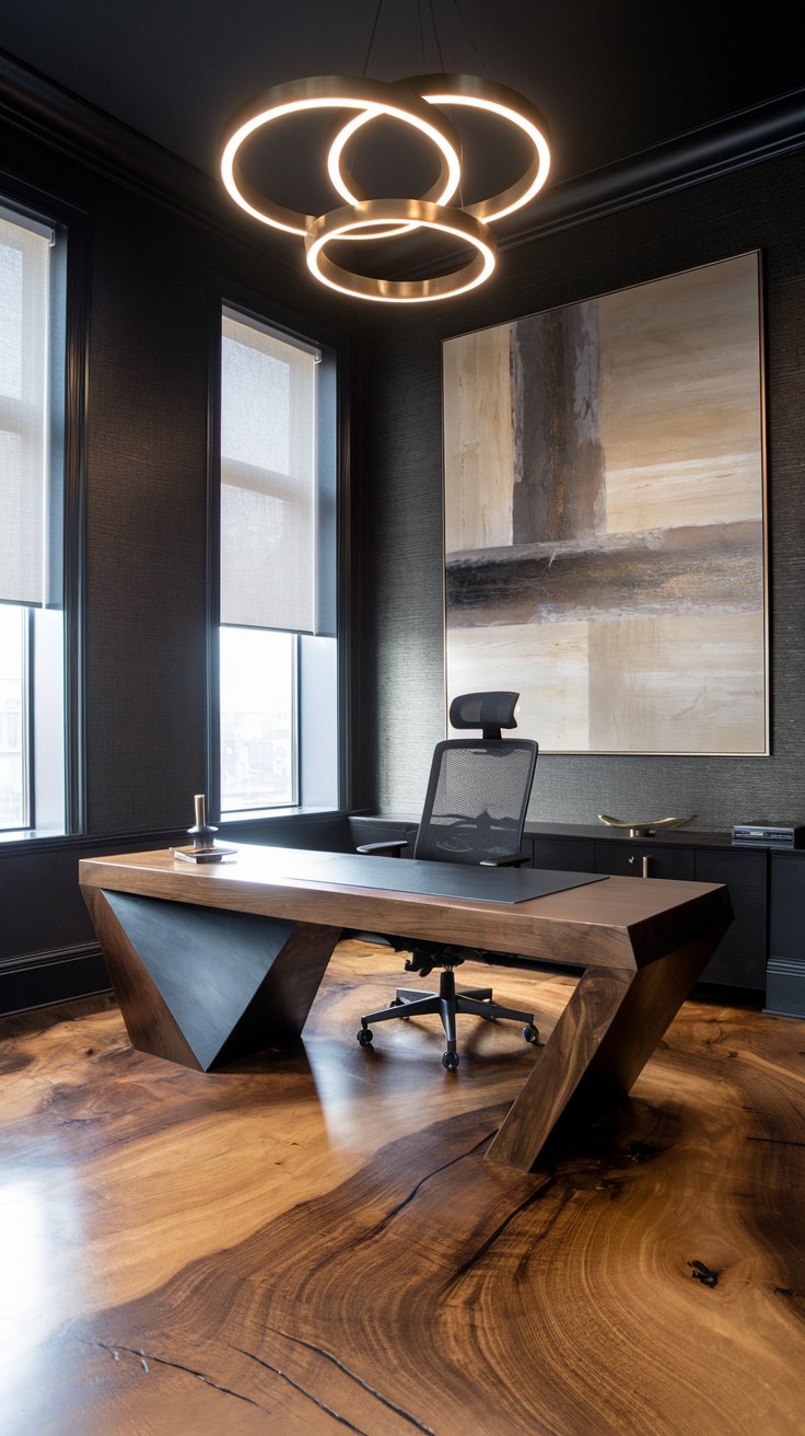 Bureau design sculptural en bois dans une pièce sombre et luxueuse