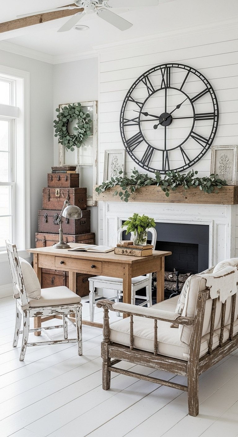 Bureau en bois de style rustique devant une cheminée avec une grande horloge murale