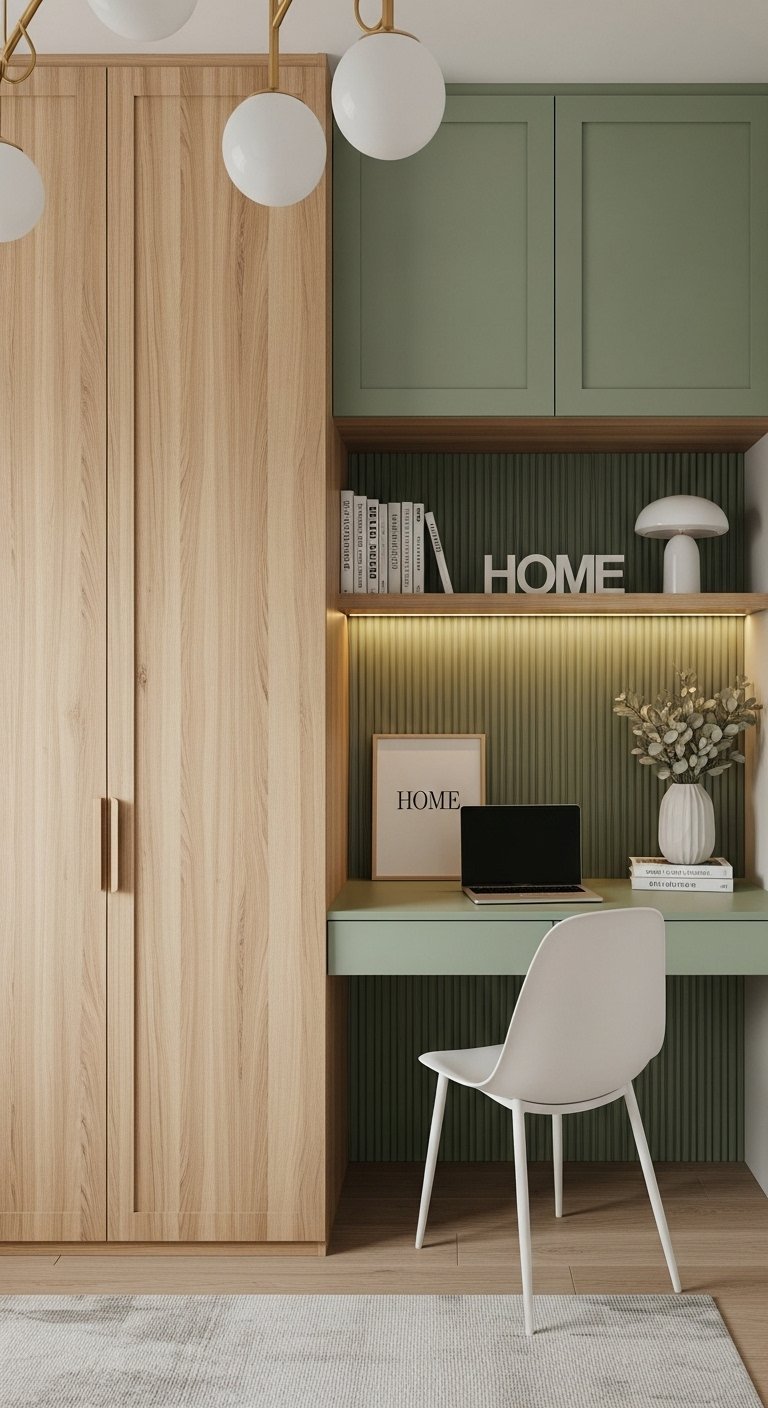 Bureau intégré combinant bois naturel et armoires vert sauge