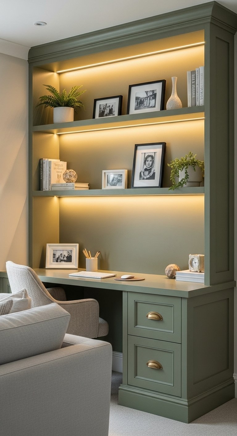 Bureau sur mesure vert olive integre dans une niche avec eclairage LED