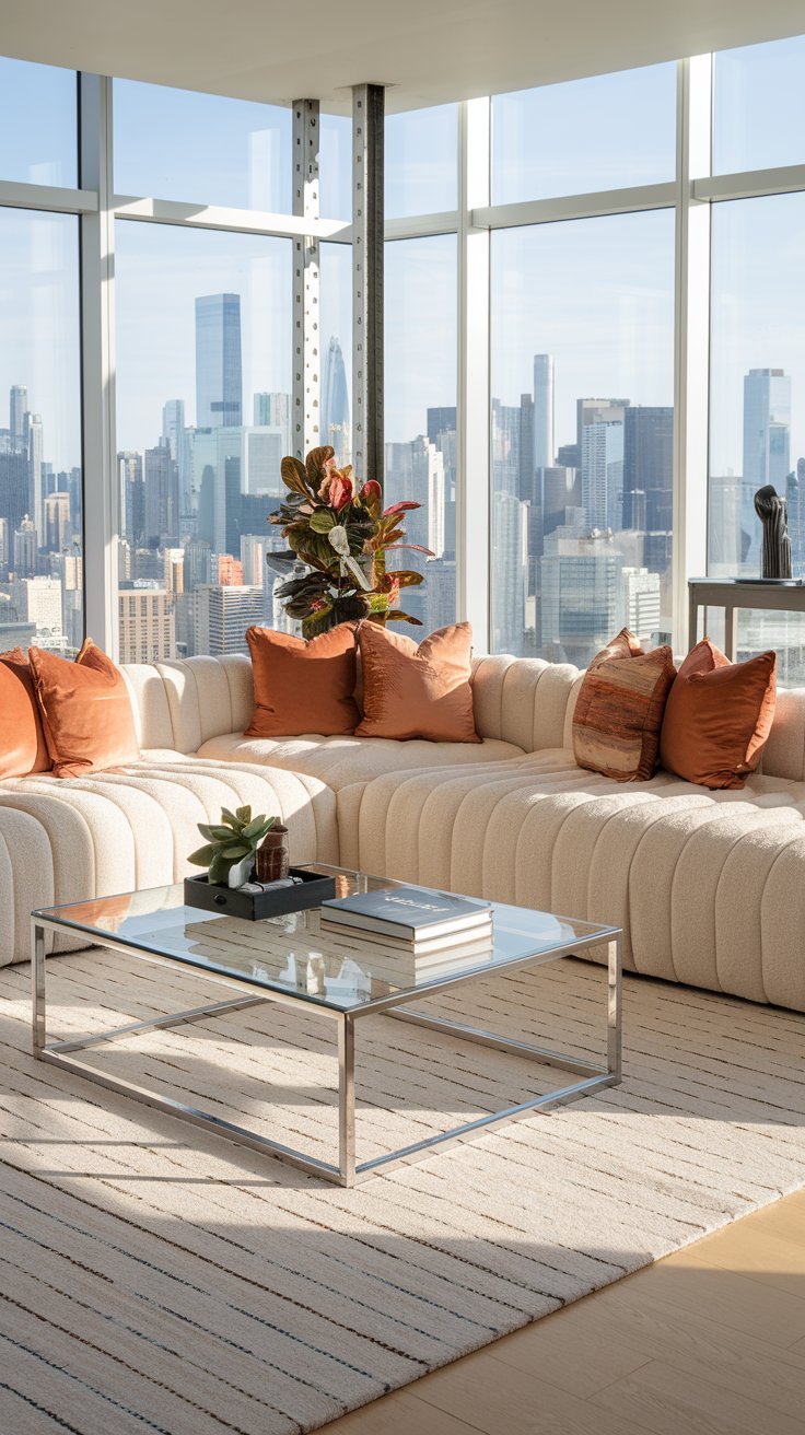 Canape modulaire creme face a une vue panoramique sur la ville