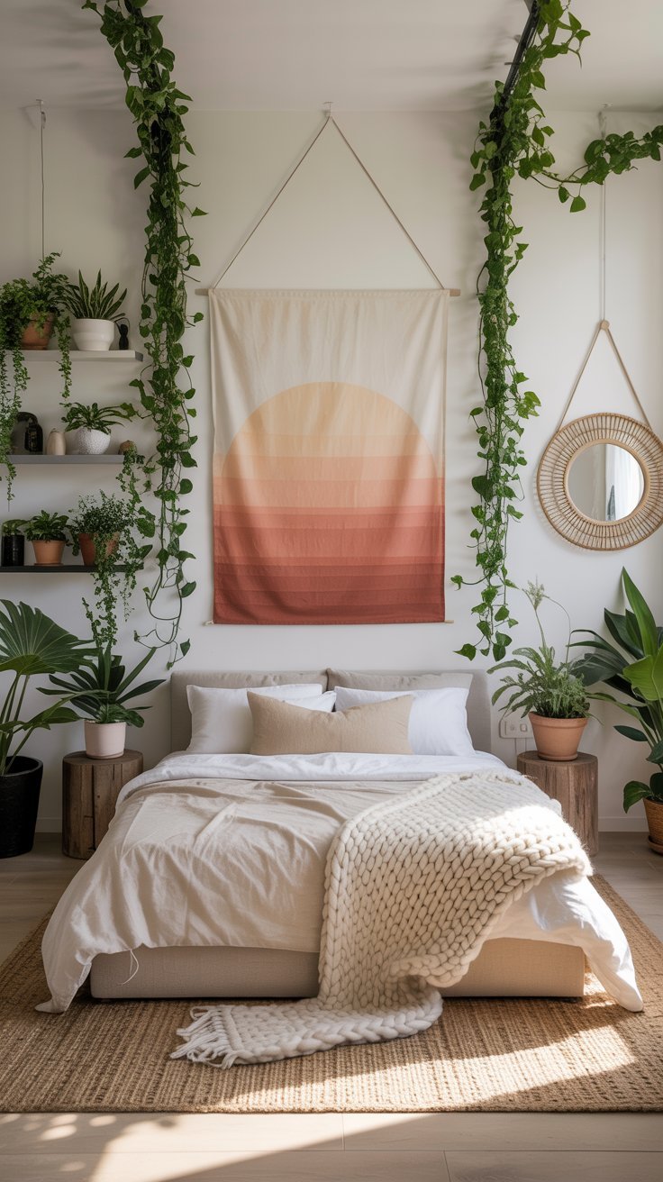 Chambre bohème avec tenture murale et plantes de chaque côté du lit