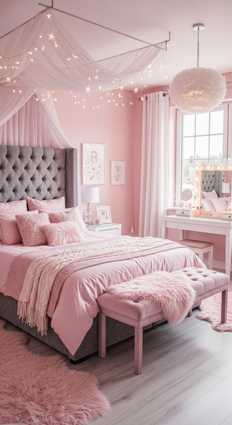 Chambre de princesse rose avec tête de lit capitonnée grise