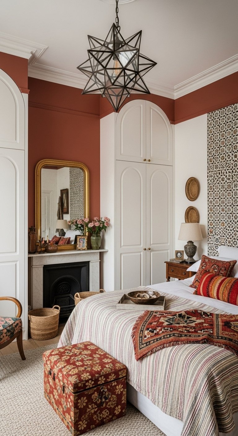 Chambre éclectique avec mur terracotta et lustre en étoile