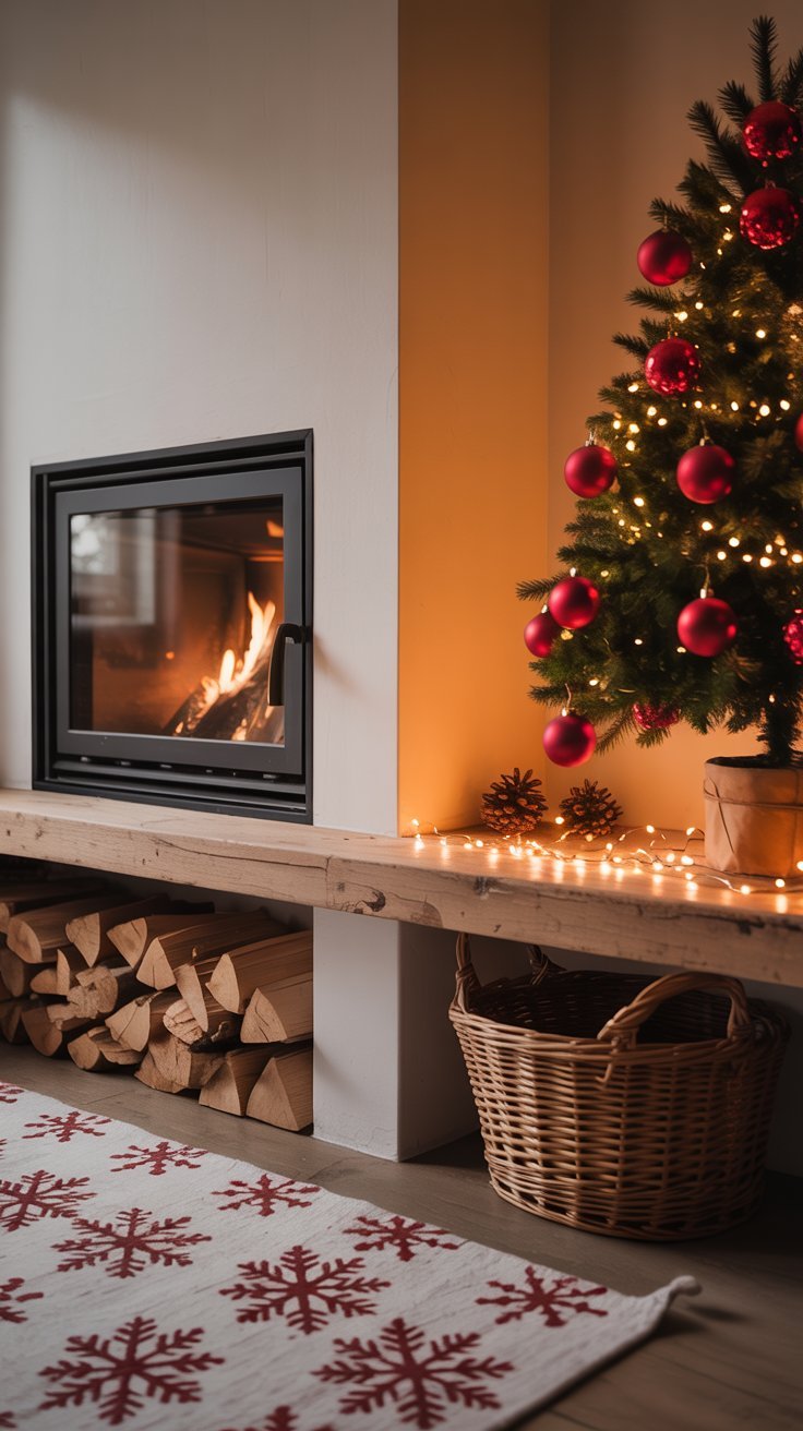 Cheminée moderne noire à côté d un sapin de Noël avec des boules rouges