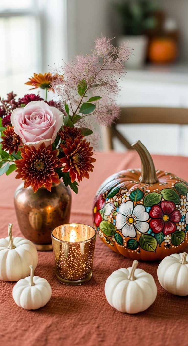 Citrouille peinte à la main avec des fleurs à côté d un vase en cuivre
