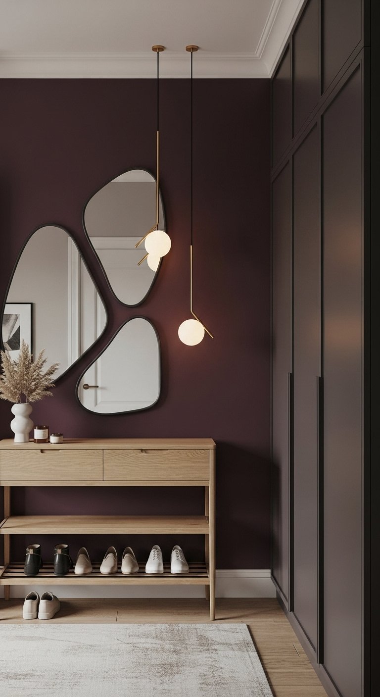Console en bois devant un mur prune avec des miroirs de forme organique