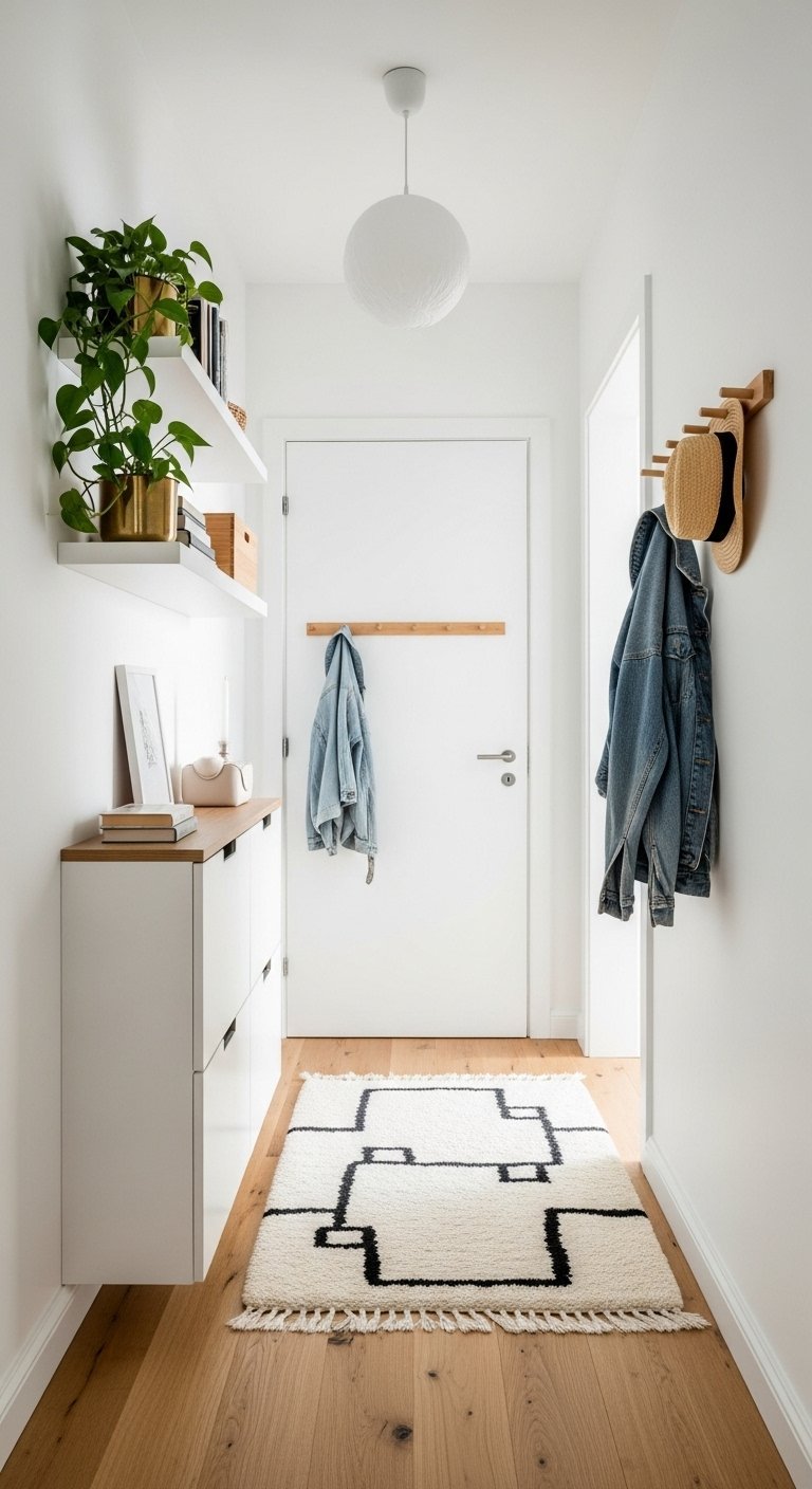 Couloir d entrée étroit avec meuble à chaussures blanc et étagères murales