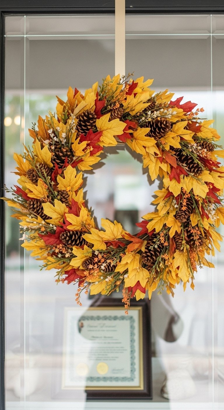 Couronne de feuilles dautomne jaunes et de pommes de pin suspendue a une fenetre